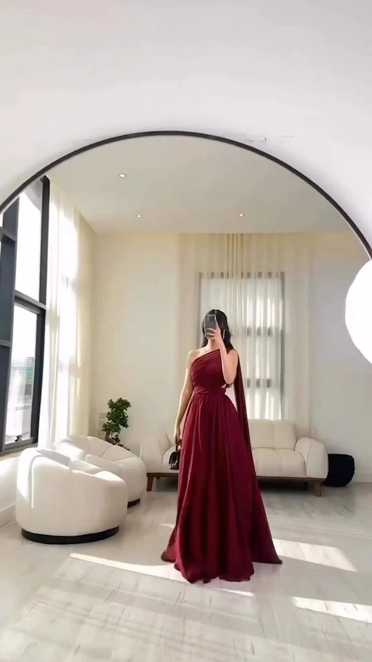 Wholesale Pretty A Line One Shoulder Burgundy Long Prom Dress Evening Dresses formal wear dresses